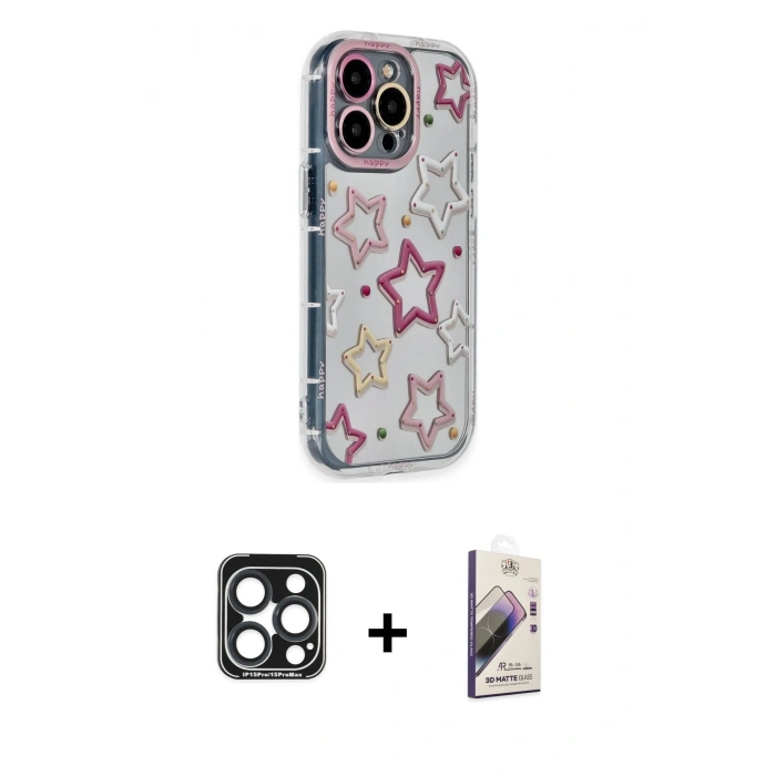 MARSİLYAN™- iPhone 15 Pro Max Kılıf Ahenk Modern Serisi - Siyah Bilvis 3D Mat Cam Ekran Koruyucu + PVD Metal Kamera Lens - LT