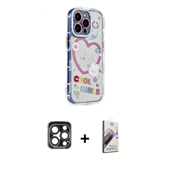 MARSİLYAN™- iPhone 15 Pro Max Kılıf Ahenk Modern Serisi - Siyah Bilvis 3D Mat Cam Ekran Koruyucu + PVD Metal Kamera Lens - LT