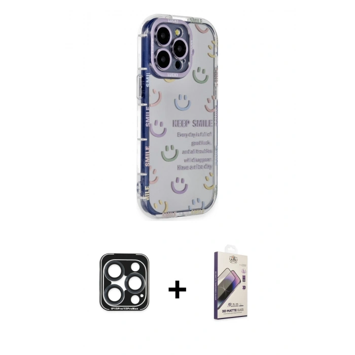 MARSİLYAN™- iPhone 15 Pro Max Kılıf Ahenk Modern Serisi - Siyah Bilvis 3D Mat Cam Ekran Koruyucu + PVD Metal Kamera Lens - LT