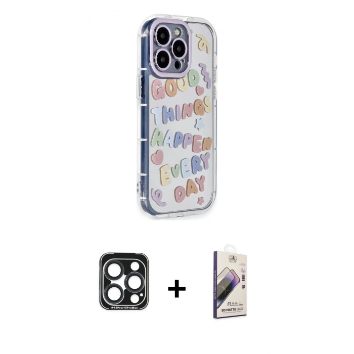 MARSİLYAN™- iPhone 15 Pro Max Kılıf Ahenk Modern Serisi - Siyah Bilvis 3D Mat Cam Ekran Koruyucu + PVD Metal Kamera Lens - LT
