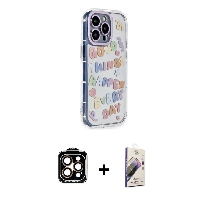 MARSİLYAN™- iPhone 15 Pro Max Kılıf Ahenk Modern Serisi - Siyah Bilvis 3D Mat Cam Ekran Koruyucu + PVD Metal Kamera Lens - TU