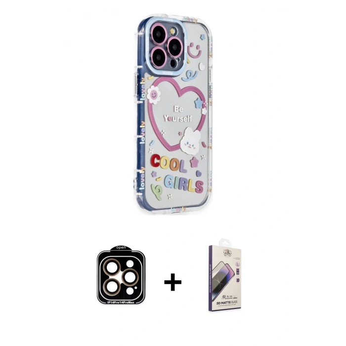 MARSİLYAN™- iPhone 15 Pro Max Kılıf Ahenk Modern Serisi - Siyah Bilvis 3D Mat Cam Ekran Koruyucu + PVD Metal Kamera Lens - TU