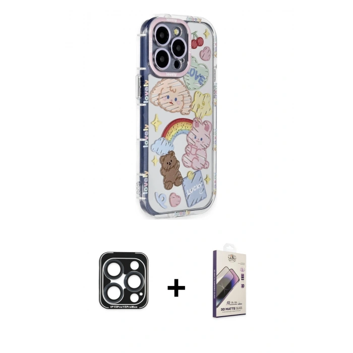 MARSİLYAN™- iPhone 15 Pro Max Kılıf Ahenk Modern Serisi - Siyah Bilvis 3D Mat Cam Ekran Koruyucu + PVD Metal Kamera Lens - LT