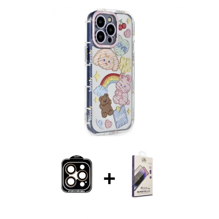 MARSİLYAN™- iPhone 15 Pro Max Kılıf Ahenk Modern Serisi - Siyah Bilvis 3D Mat Cam Ekran Koruyucu + PVD Metal Kamera Lens - TU
