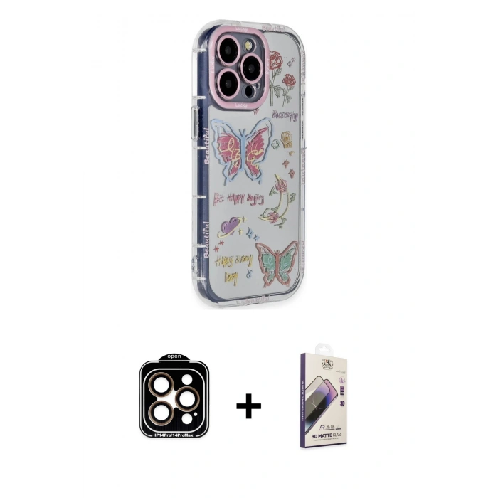 MARSİLYAN™- iPhone 15 Pro Max Kılıf Ahenk Modern Serisi - Siyah Bilvis 3D Mat Cam Ekran Koruyucu + PVD Metal Kamera Lens - TU