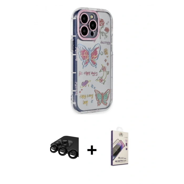 MARSİLYAN™- iPhone 15 Pro Max Kılıf Ahenk Modern Serisi - Siyah Bilvis 3D Mat Cam Ekran Koruyucu + Raze Metal Kamera Lens - SH