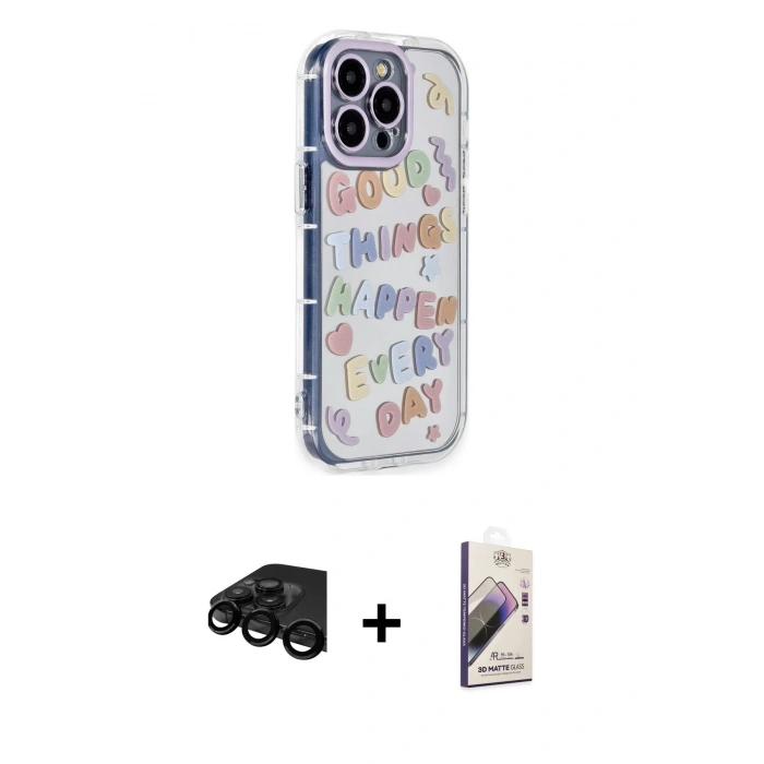 MARSİLYAN™- iPhone 15 Pro Max Kılıf Ahenk Modern Serisi - Siyah Bilvis 3D Mat Cam Ekran Koruyucu + Raze Metal Kamera Lens - SH
