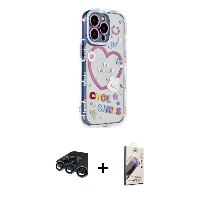 MARSİLYAN™- iPhone 15 Pro Max Kılıf Ahenk Modern Serisi - Siyah Bilvis 3D Mat Cam Ekran Koruyucu + Raze Metal Kamera Lens - LT