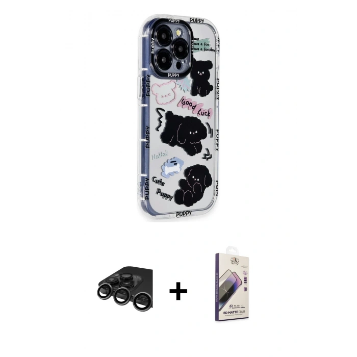 MARSİLYAN™- iPhone 15 Pro Max Kılıf Ahenk Modern Serisi - Siyah Bilvis 3D Mat Cam Ekran Koruyucu + Raze Metal Kamera Lens - TMGI