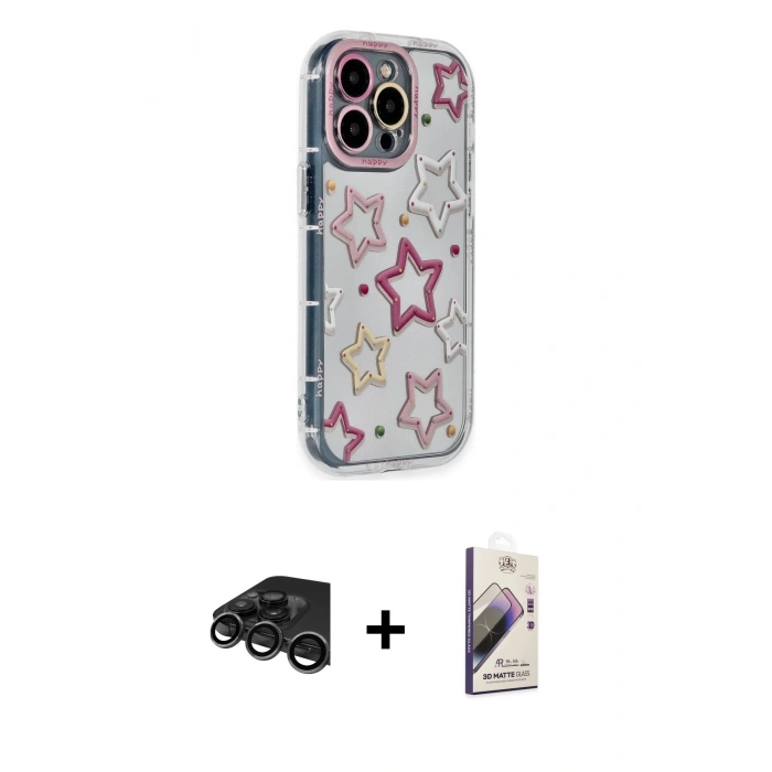 MARSİLYAN™- iPhone 15 Pro Max Kılıf Ahenk Modern Serisi - Siyah Bilvis 3D Mat Cam Ekran Koruyucu + Raze Metal Kamera Lens - TMGI