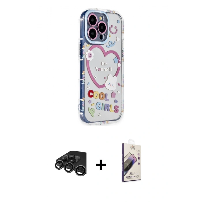 MARSİLYAN™- iPhone 15 Pro Max Kılıf Ahenk Modern Serisi - Siyah Bilvis 3D Mat Cam Ekran Koruyucu + Raze Metal Kamera Lens - TMGI