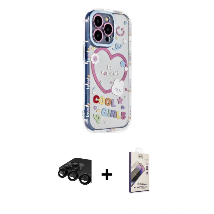 MARSİLYAN™- iPhone 15 Pro Max Kılıf Ahenk Modern Serisi - Siyah Bilvis 3D Mat Cam Ekran Koruyucu + Raze Metal Kamera Lens - SH