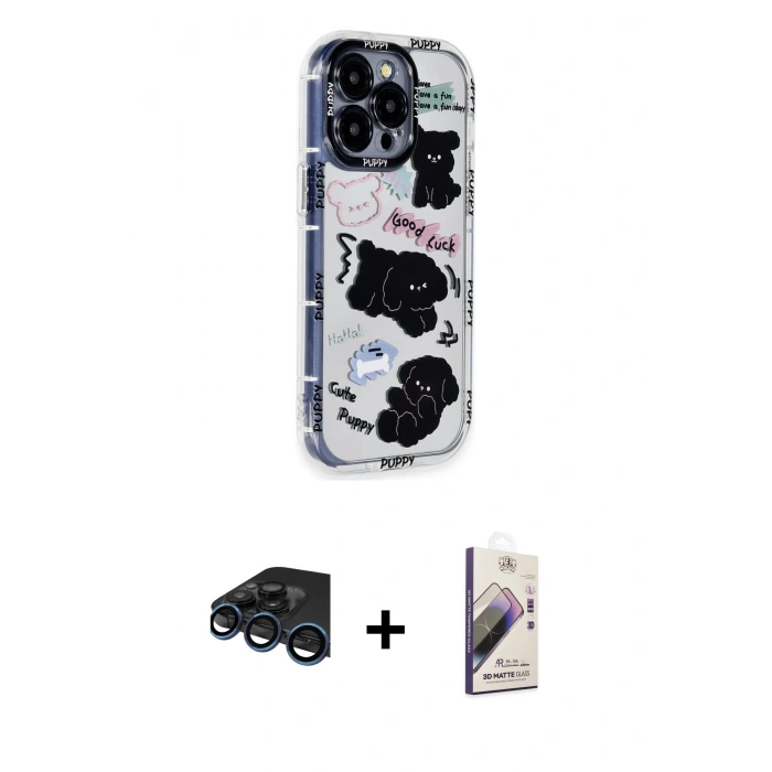 MARSİLYAN™- iPhone 15 Pro Max Kılıf Ahenk Modern Serisi - Siyah Bilvis 3D Mat Cam Ekran Koruyucu + Raze Metal Kamera Lens - LT