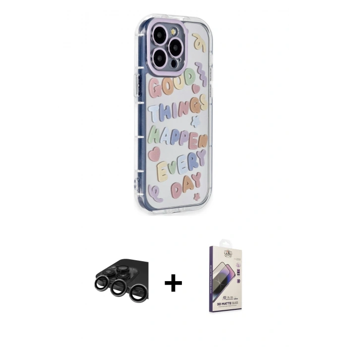 MARSİLYAN™- iPhone 15 Pro Max Kılıf Ahenk Modern Serisi - Siyah Bilvis 3D Mat Cam Ekran Koruyucu + Raze Metal Kamera Lens - TMGI