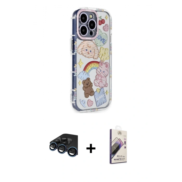 MARSİLYAN™- iPhone 15 Pro Max Kılıf Ahenk Modern Serisi - Siyah Bilvis 3D Mat Cam Ekran Koruyucu + Raze Metal Kamera Lens - LT