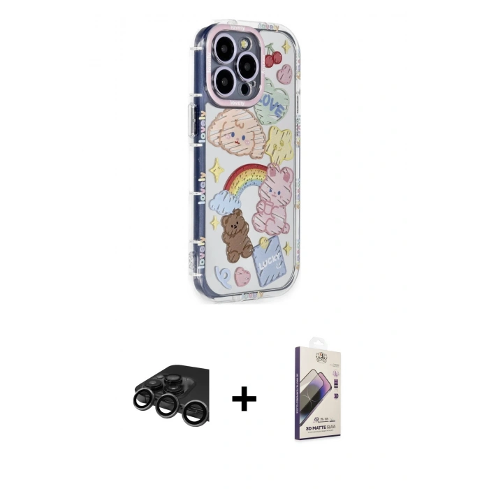 MARSİLYAN™- iPhone 15 Pro Max Kılıf Ahenk Modern Serisi - Siyah Bilvis 3D Mat Cam Ekran Koruyucu + Raze Metal Kamera Lens - TMGI