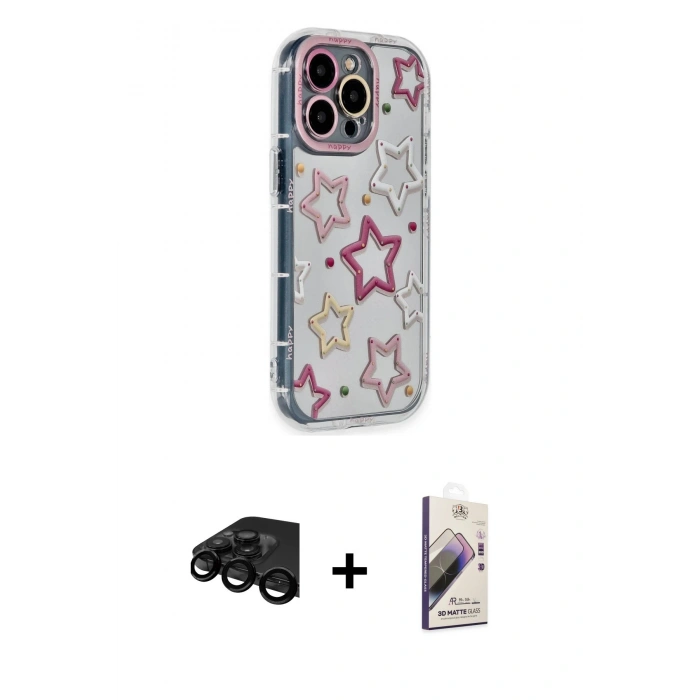 MARSİLYAN™- iPhone 15 Pro Max Kılıf Ahenk Modern Serisi - Siyah Bilvis 3D Mat Cam Ekran Koruyucu + Raze Metal Kamera Lens - SH