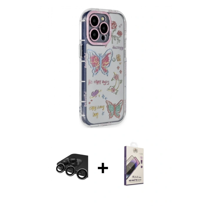 MARSİLYAN™- iPhone 15 Pro Max Kılıf Ahenk Modern Serisi - Siyah Bilvis 3D Mat Cam Ekran Koruyucu + Raze Metal Kamera Lens - TMGI