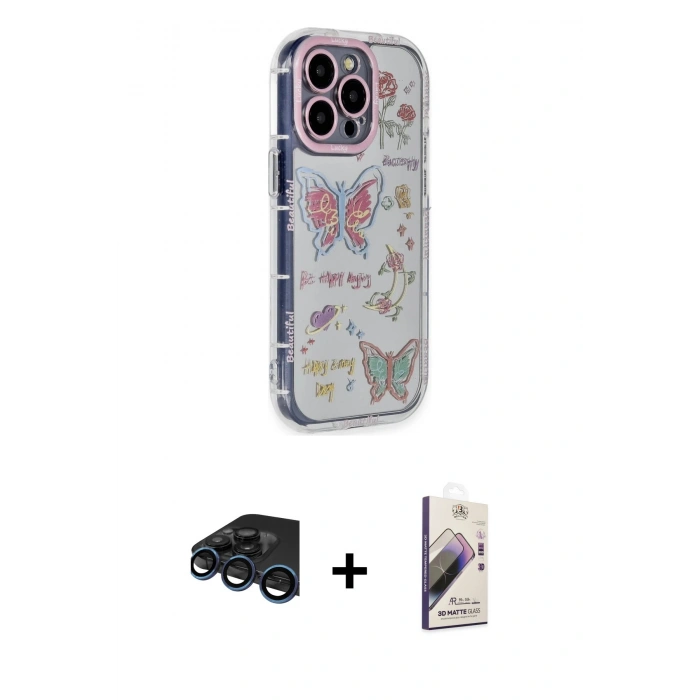 MARSİLYAN™- iPhone 15 Pro Max Kılıf Ahenk Modern Serisi - Siyah Bilvis 3D Mat Cam Ekran Koruyucu + Raze Metal Kamera Lens - LT