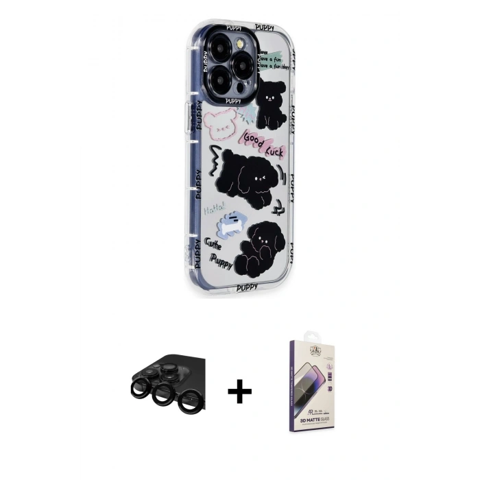 MARSİLYAN™- iPhone 15 Pro Max Kılıf Ahenk Modern Serisi - Siyah Bilvis 3D Mat Cam Ekran Koruyucu + Raze Metal Kamera Lens - SH