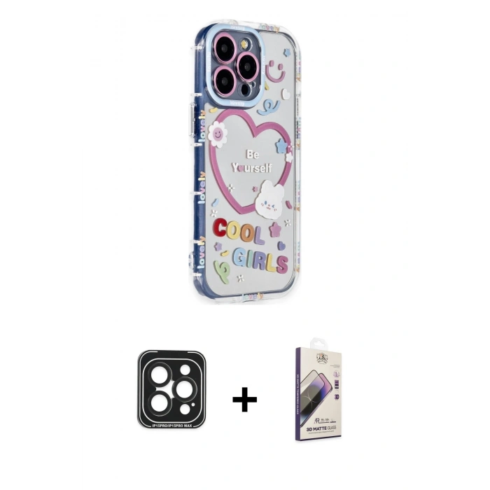 MARSİLYAN™- iPhone 15 Pro Max Kılıf Ahenk Modern Serisi - Siyah Bilvis 3D Mat Cam Ekran Koruyucu + PVD Metal Kamera Lens - SH