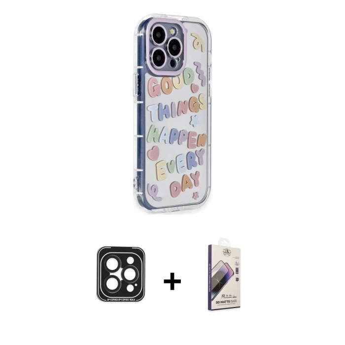 MARSİLYAN™- iPhone 15 Pro Max Kılıf Ahenk Modern Serisi - Siyah Bilvis 3D Mat Cam Ekran Koruyucu + PVD Metal Kamera Lens - SH