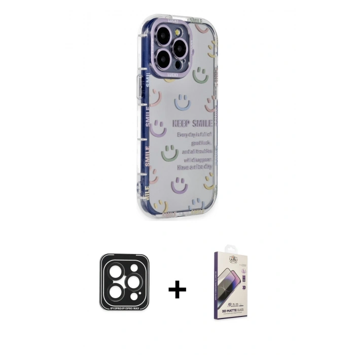 MARSİLYAN™- iPhone 15 Pro Max Kılıf Ahenk Modern Serisi - Siyah Bilvis 3D Mat Cam Ekran Koruyucu + PVD Metal Kamera Lens - SH