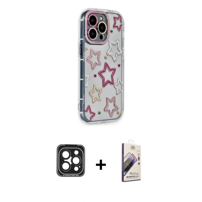 MARSİLYAN™- iPhone 15 Pro Max Kılıf Ahenk Modern Serisi - Siyah Bilvis 3D Mat Cam Ekran Koruyucu + PVD Metal Kamera Lens - SH