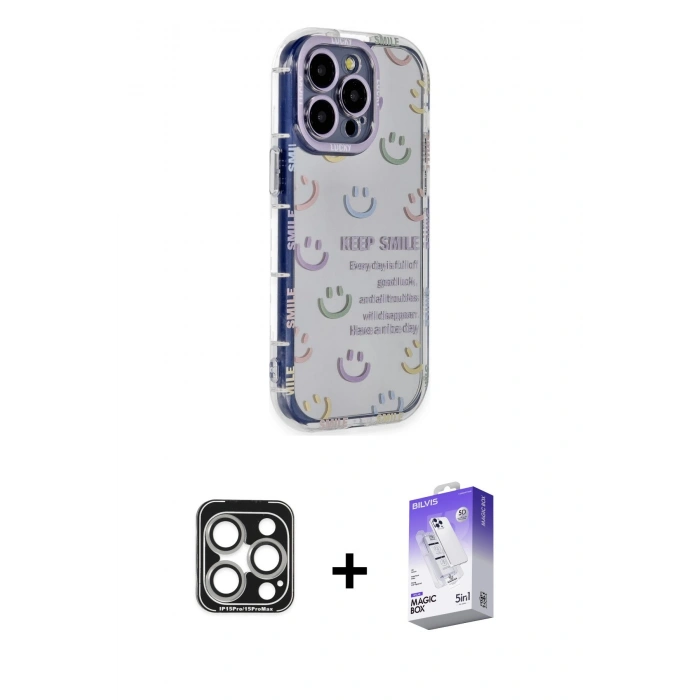 MARSİLYAN™- iPhone 15 Pro Max Kılıf Ahenk Modern Serisi - Siyah Bilvis 5in1 3D Magic Cam Ekran Koruyucu + PVD Metal Kamera Lens - GS
