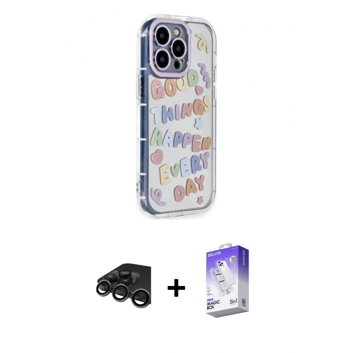 MARSİLYAN™- iPhone 15 Pro Max Kılıf Ahenk Modern Serisi - Siyah Bilvis 5in1 3D Magic Cam Ekran Koruyucu + Titanyum Gri Raze Metal Kamera Lens
