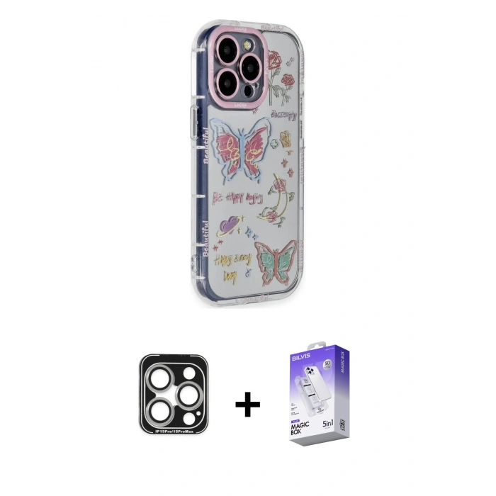 MARSİLYAN™- iPhone 15 Pro Max Kılıf Ahenk Modern Serisi - Siyah Bilvis 5in1 3D Magic Cam Ekran Koruyucu + PVD Metal Kamera Lens - GS