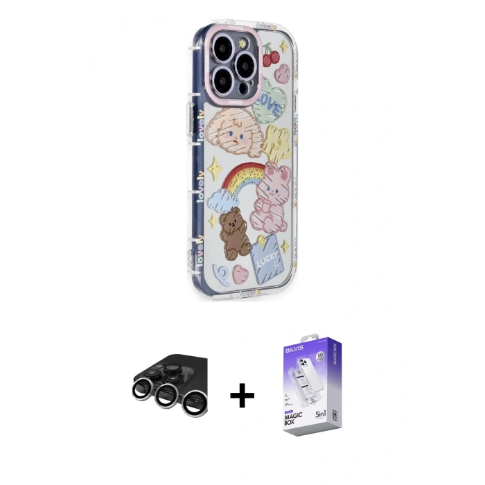 MARSİLYAN™- iPhone 15 Pro Max Kılıf Ahenk Modern Serisi - Siyah Bilvis 5in1 3D Magic Cam Ekran Koruyucu + Raze Metal Kamera Lens - GS