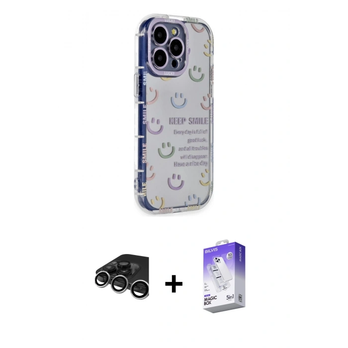 MARSİLYAN™- iPhone 15 Pro Max Kılıf Ahenk Modern Serisi - Siyah Bilvis 5in1 3D Magic Cam Ekran Koruyucu + Raze Metal Kamera Lens - GS