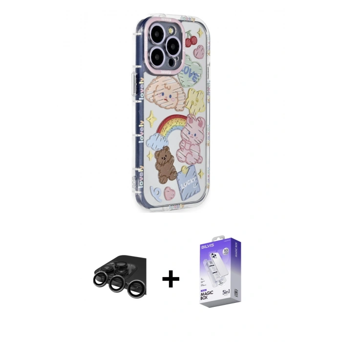 MARSİLYAN™- iPhone 15 Pro Max Kılıf Ahenk Modern Serisi - Siyah Bilvis 5in1 3D Magic Cam Ekran Koruyucu + Titanyum Gri Raze Metal Kamera Lens