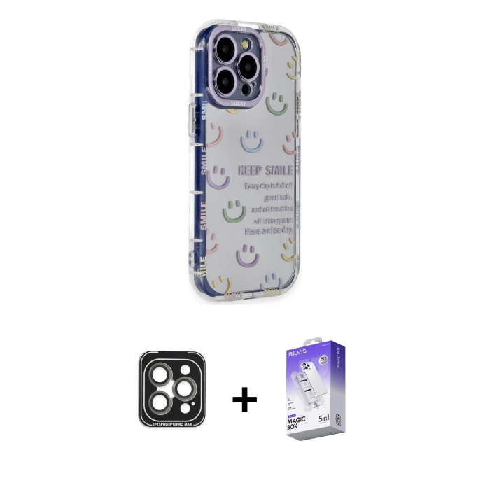 MARSİLYAN™- iPhone 15 Pro Max Kılıf Ahenk Modern Serisi - Siyah Bilvis 5in1 3D Magic Cam Ekran Koruyucu + PVD Metal Kamera Lens - GI