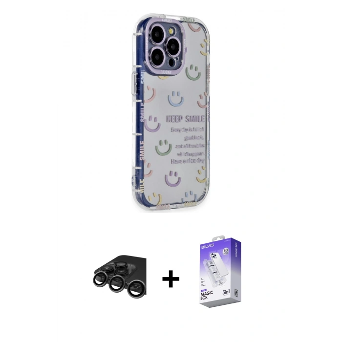 MARSİLYAN™- iPhone 15 Pro Max Kılıf Ahenk Modern Serisi - Siyah Bilvis 5in1 3D Magic Cam Ekran Koruyucu + Titanyum Gri Raze Metal Kamera Lens