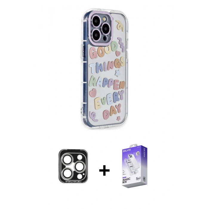 MARSİLYAN™- iPhone 15 Pro Max Kılıf Ahenk Modern Serisi - Siyah Bilvis 5in1 3D Magic Cam Ekran Koruyucu + PVD Metal Kamera Lens - GS