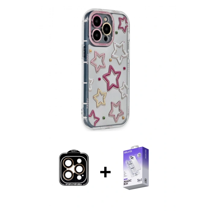 MARSİLYAN™- iPhone 15 Pro Max Kılıf Ahenk Modern Serisi - Siyah Bilvis 5in1 3D Magic Cam Ekran Koruyucu + PVD Metal Kamera Lens - TU