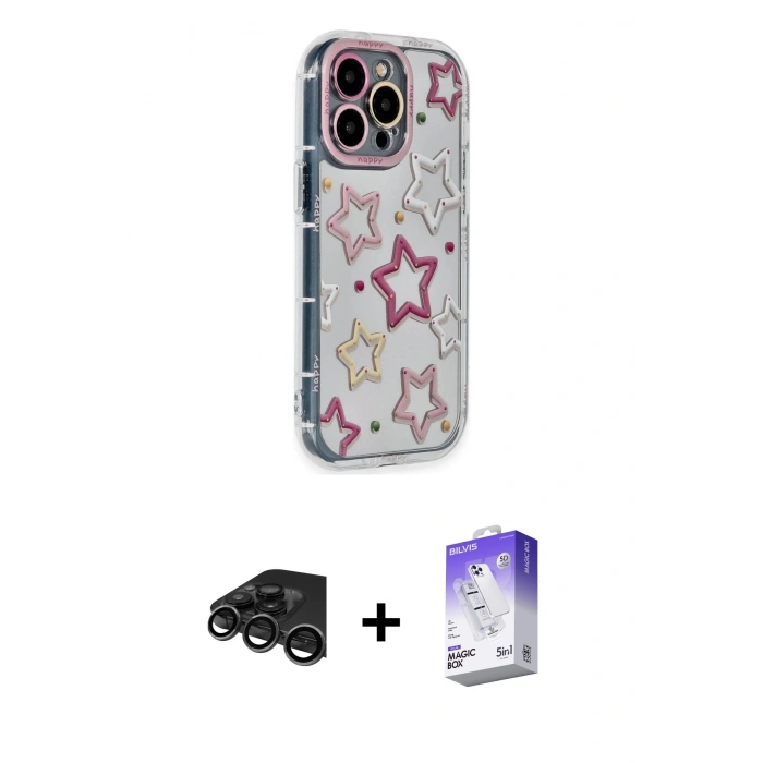 MARSİLYAN™- iPhone 15 Pro Max Kılıf Ahenk Modern Serisi - Siyah Bilvis 5in1 3D Magic Cam Ekran Koruyucu + Titanyum Gri Raze Metal Kamera Lens