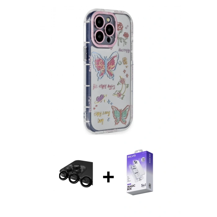 MARSİLYAN™- iPhone 15 Pro Max Kılıf Ahenk Modern Serisi - Siyah Bilvis 5in1 3D Magic Cam Ekran Koruyucu + Raze Metal Kamera Lens - SH