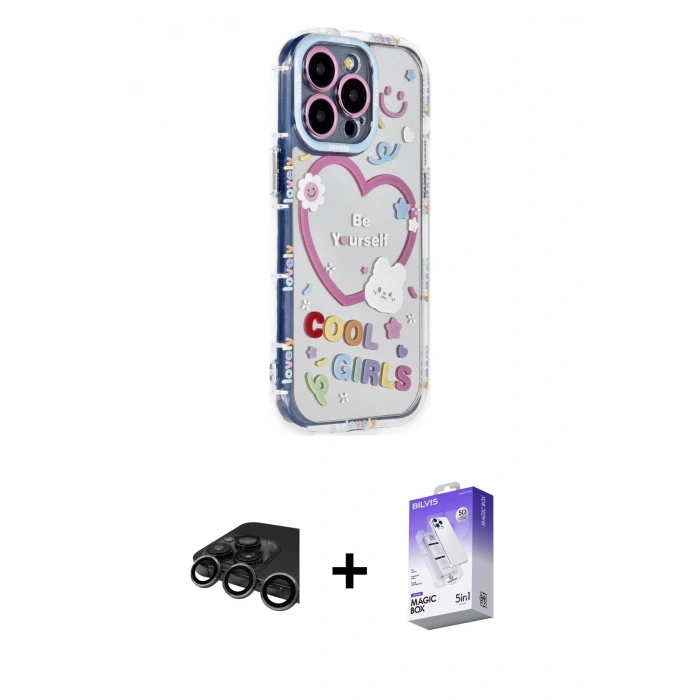 MARSİLYAN™- iPhone 15 Pro Max Kılıf Ahenk Modern Serisi - Siyah Bilvis 5in1 3D Magic Cam Ekran Koruyucu + Titanyum Gri Raze Metal Kamera Lens