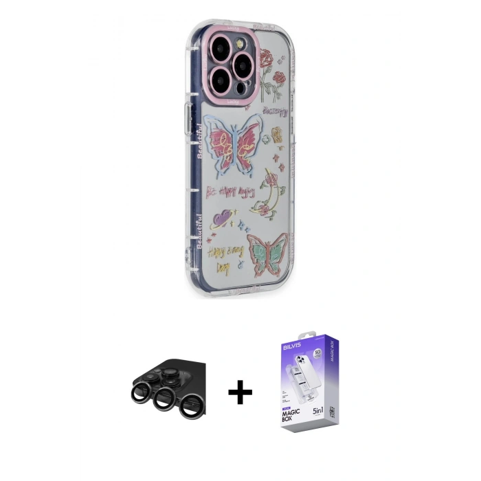 MARSİLYAN™- iPhone 15 Pro Max Kılıf Ahenk Modern Serisi - Siyah Bilvis 5in1 3D Magic Cam Ekran Koruyucu + Titanyum Gri Raze Metal Kamera Lens