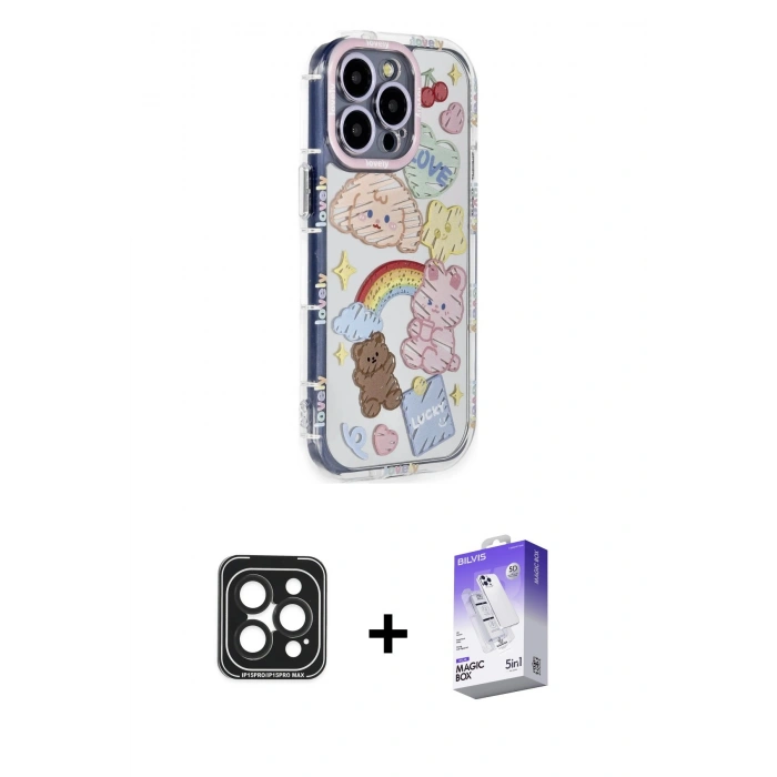 MARSİLYAN™- iPhone 15 Pro Max Kılıf Ahenk Modern Serisi - Siyah Bilvis 5in1 3D Magic Cam Ekran Koruyucu + PVD Metal Kamera Lens - SH