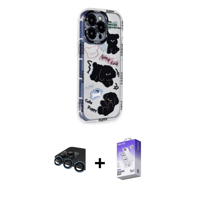 MARSİLYAN™- iPhone 15 Pro Max Kılıf Ahenk Modern Serisi - Siyah Bilvis 5in1 3D Magic Cam Ekran Koruyucu + Raze Metal Kamera Lens - LT