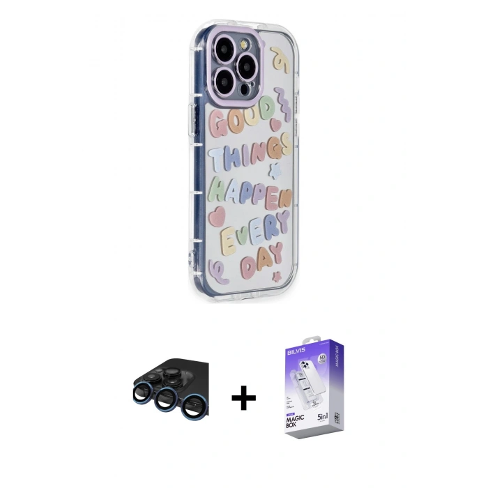 MARSİLYAN™- iPhone 15 Pro Max Kılıf Ahenk Modern Serisi - Siyah Bilvis 5in1 3D Magic Cam Ekran Koruyucu + Raze Metal Kamera Lens - LT