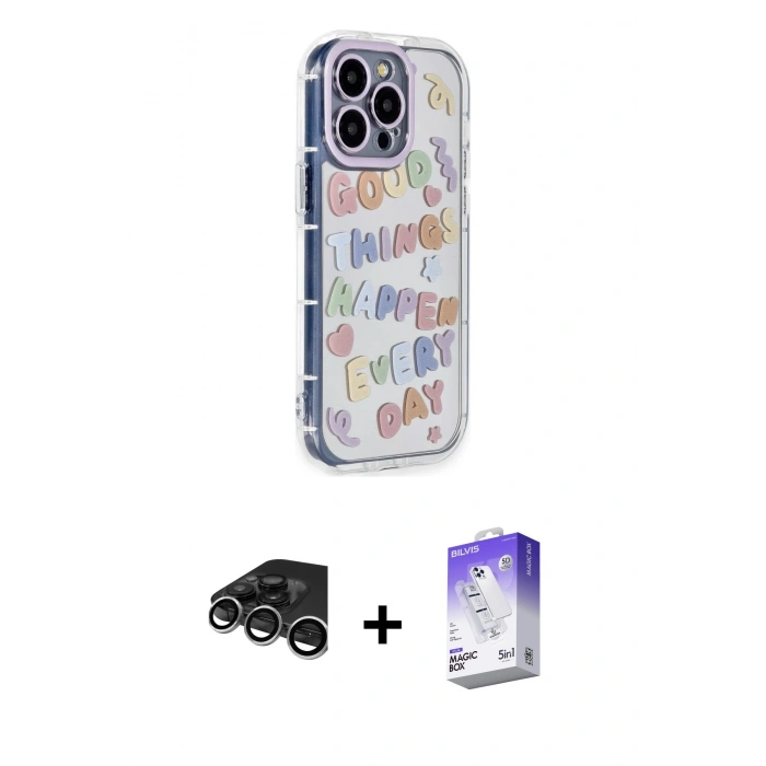 MARSİLYAN™- iPhone 15 Pro Max Kılıf Ahenk Modern Serisi - Siyah Bilvis 5in1 3D Magic Cam Ekran Koruyucu + Raze Metal Kamera Lens - GS