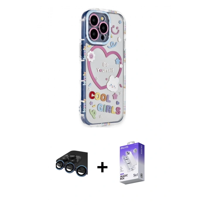 MARSİLYAN™- iPhone 15 Pro Max Kılıf Ahenk Modern Serisi - Siyah Bilvis 5in1 3D Magic Cam Ekran Koruyucu + Raze Metal Kamera Lens - LT