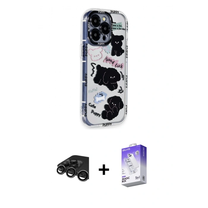 MARSİLYAN™- iPhone 15 Pro Max Kılıf Ahenk Modern Serisi - Siyah Bilvis 5in1 3D Magic Cam Ekran Koruyucu + Titanyum Gri Raze Metal Kamera Lens