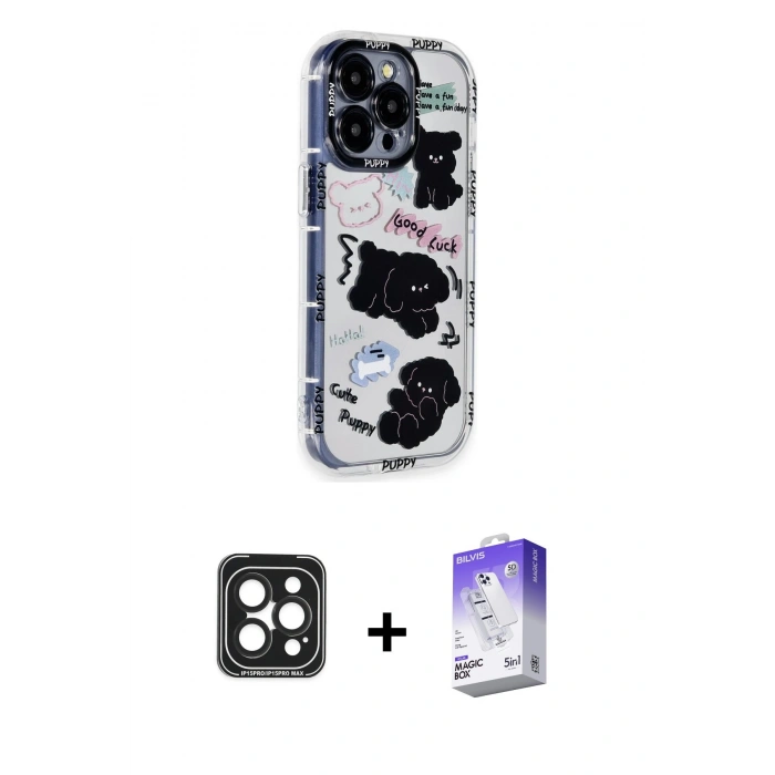MARSİLYAN™- iPhone 15 Pro Max Kılıf Ahenk Modern Serisi - Siyah Bilvis 5in1 3D Magic Cam Ekran Koruyucu + PVD Metal Kamera Lens - SH
