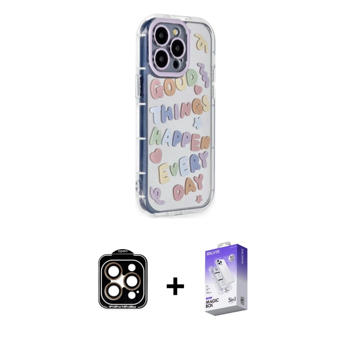 MARSİLYAN™- iPhone 15 Pro Max Kılıf Ahenk Modern Serisi - Siyah Bilvis 5in1 3D Magic Cam Ekran Koruyucu + PVD Metal Kamera Lens - TU